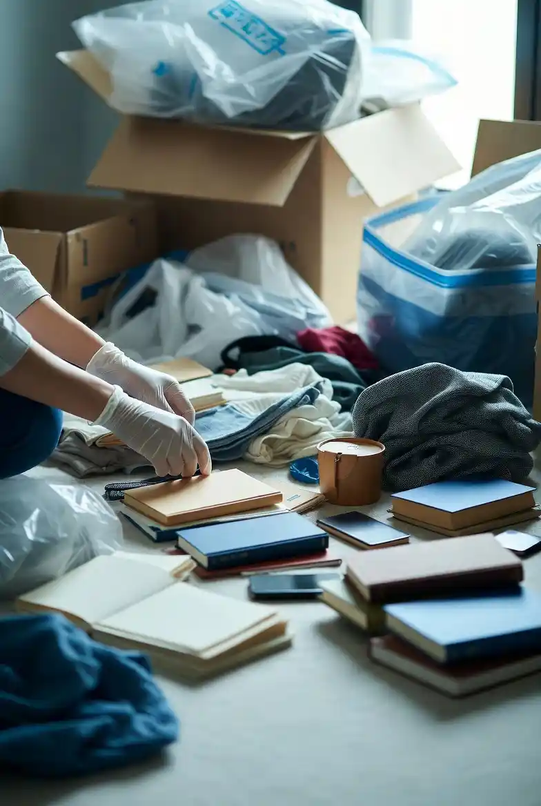 Tri des objets, mains, logement encombré