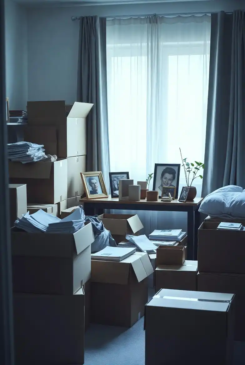 Pièce avec cartons, tri succession